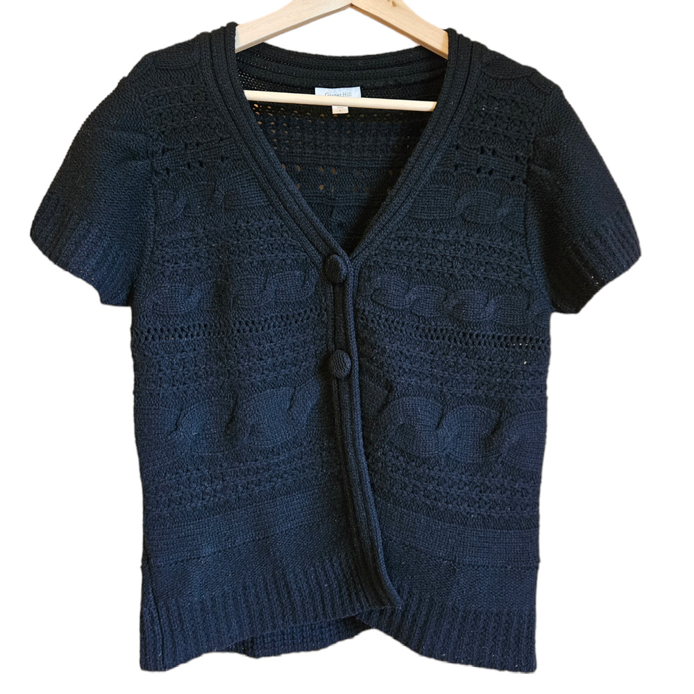 Garnet Hill Short Sleeve Cartigan Sweater Lambswool Black Women's Large
